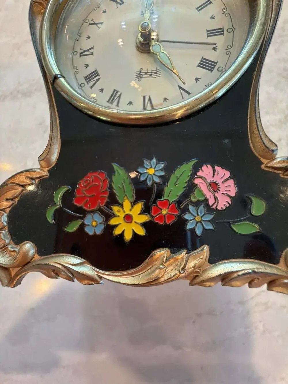 Vintage Reuge Edelweiss Musical Mantle Clock with Floral Hand-Painted Detail